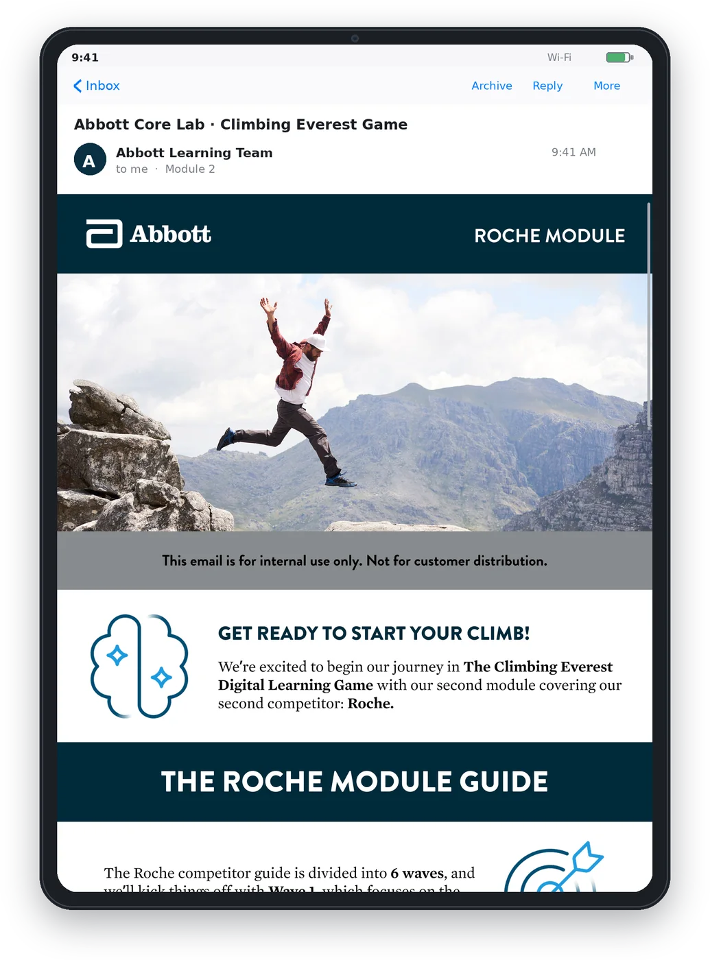 The Climbing Everest email on a tablet: get ready to start your climb, the Roche module guide