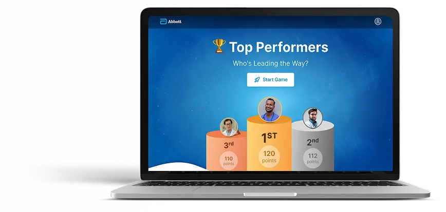 The Top Performers leaderboard on a laptop, the top three on a podium