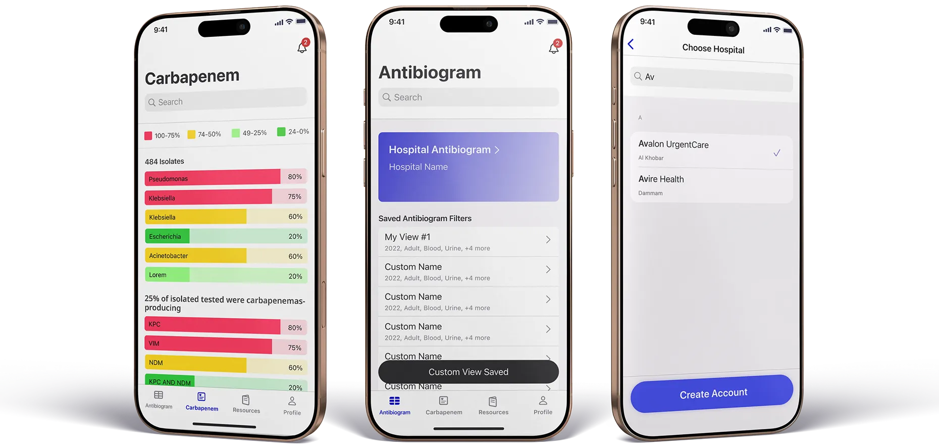 AMR Radar on three phones: antibiogram data by pathogen, antibiotic and hospital