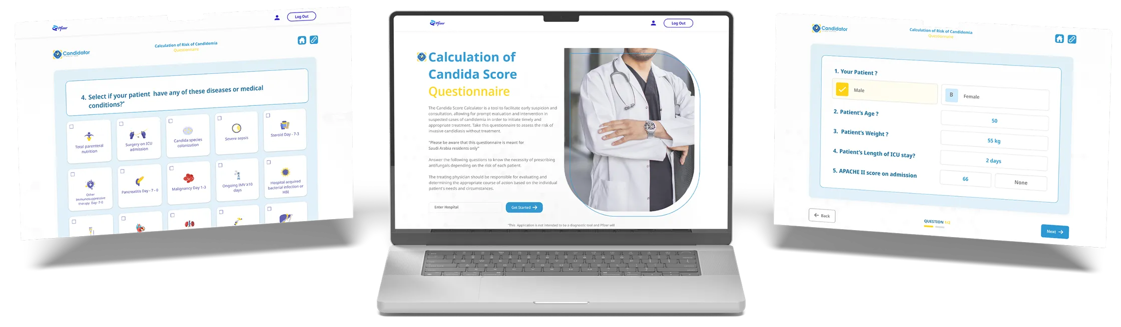 The Candidator app screens designed for clinicians, on phone and desktop