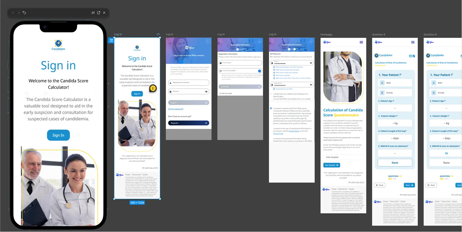 Candidator on a phone: sign-in, the questionnaire and the result screens