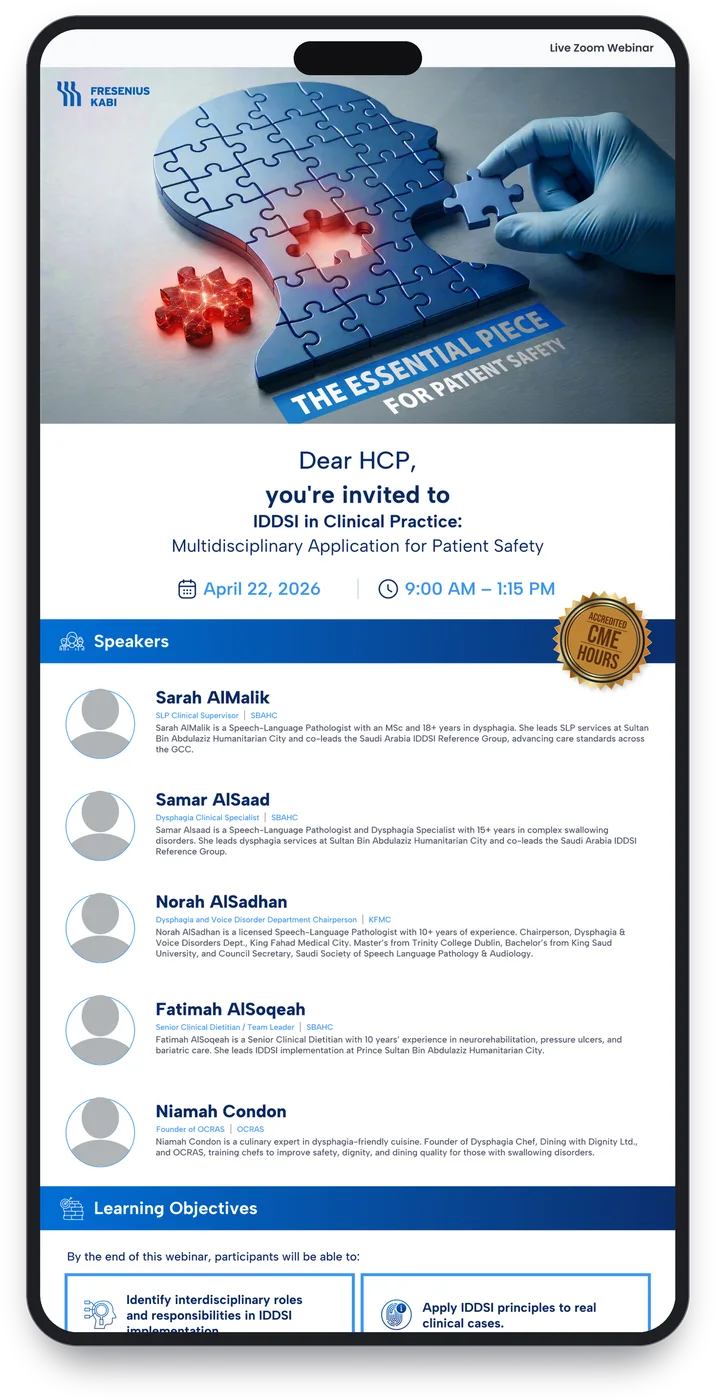 The invitation email on a phone: The Essential Piece for Patient Safety, the date, five speakers and the learning objectives