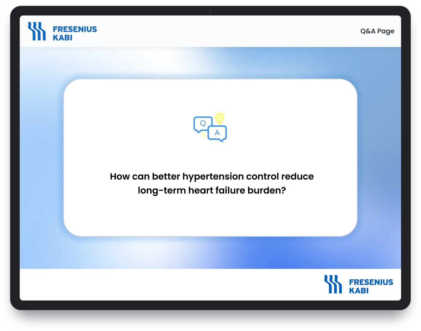 The live Q&A page on a tablet: one question on screen at a time, under the Fresenius Kabi mark
