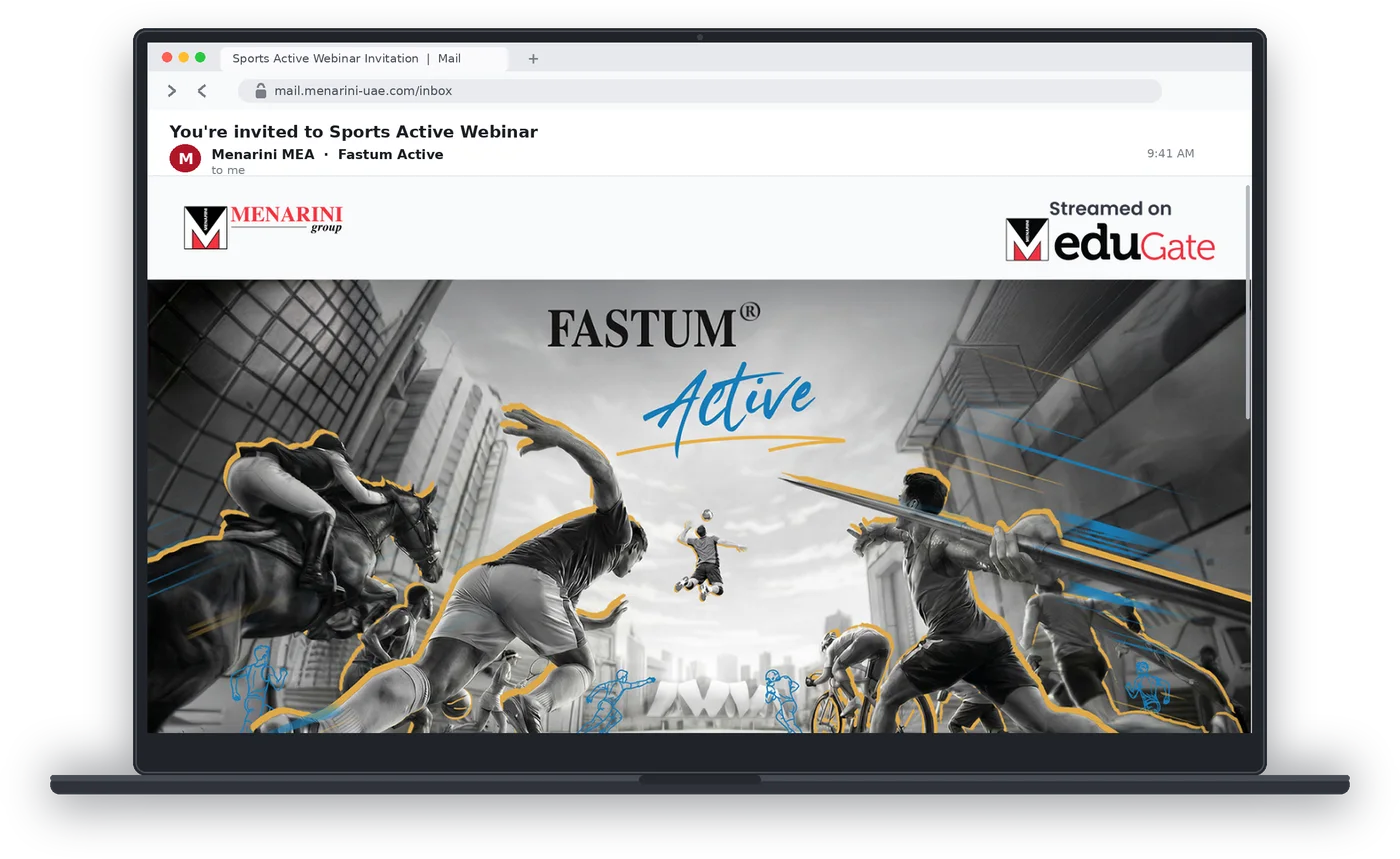 A Fastum Active webinar invitation on a laptop, streamed on eduGate