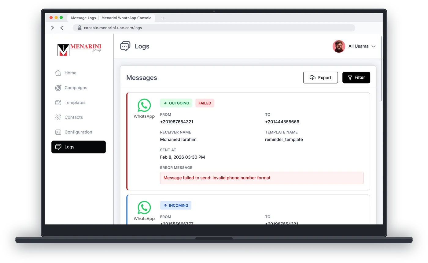 The Menarini WhatsApp console: message logs, with an outgoing message that failed and why