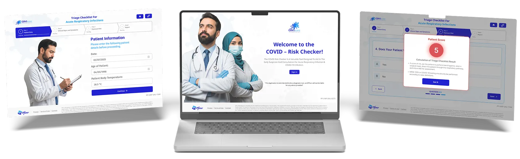 The COVID-19 Risk Checker: its welcome screen, the checklist and the result on laptops