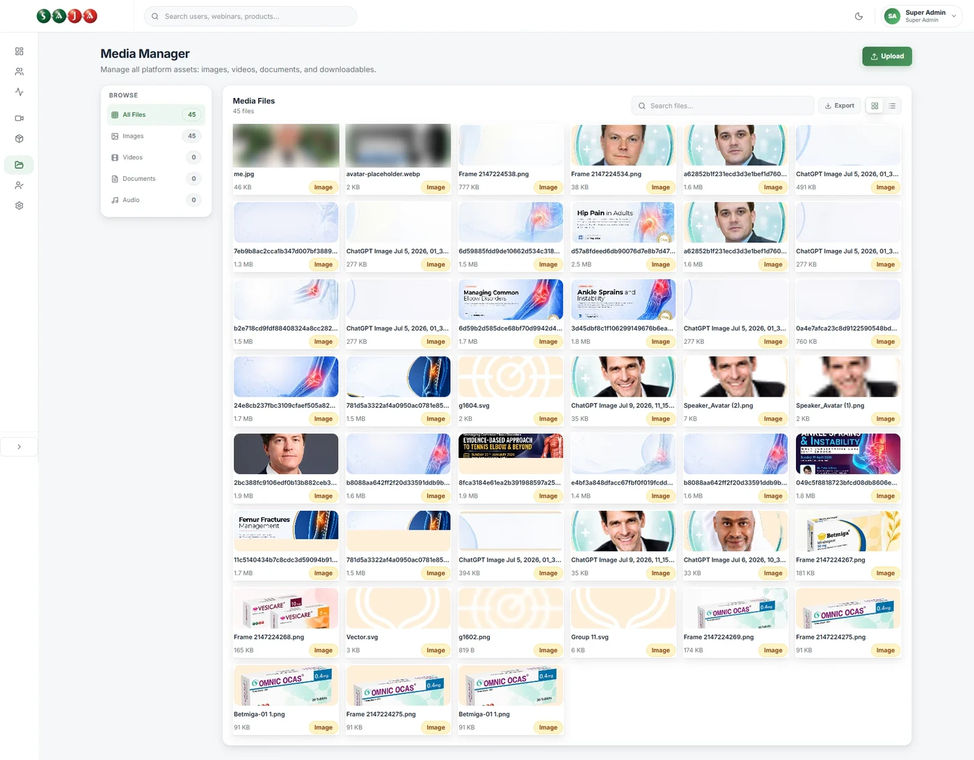 The Media Manager: the portal’s images in a grid, with a browser by type and an upload button