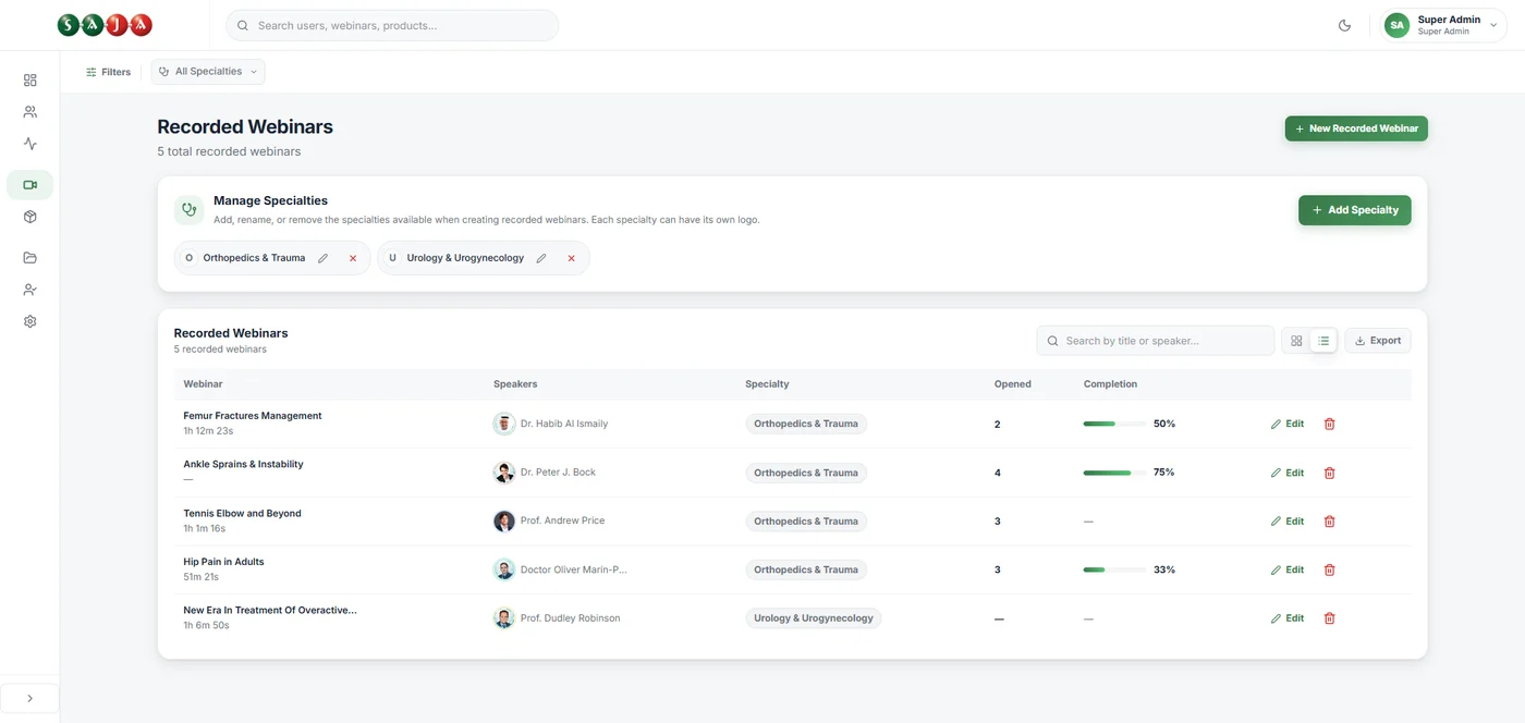 The Recorded Webinars screen: manage specialties, then each webinar with its speaker, specialty, views and completion