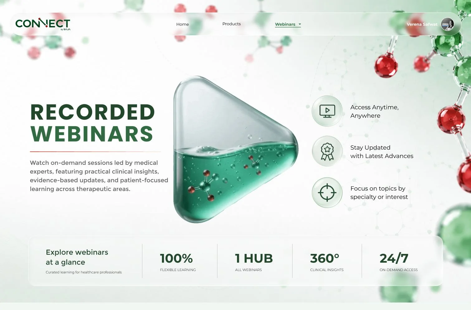 The Recorded Webinars page as built: a capsule-shaped play mark and three reasons beside it