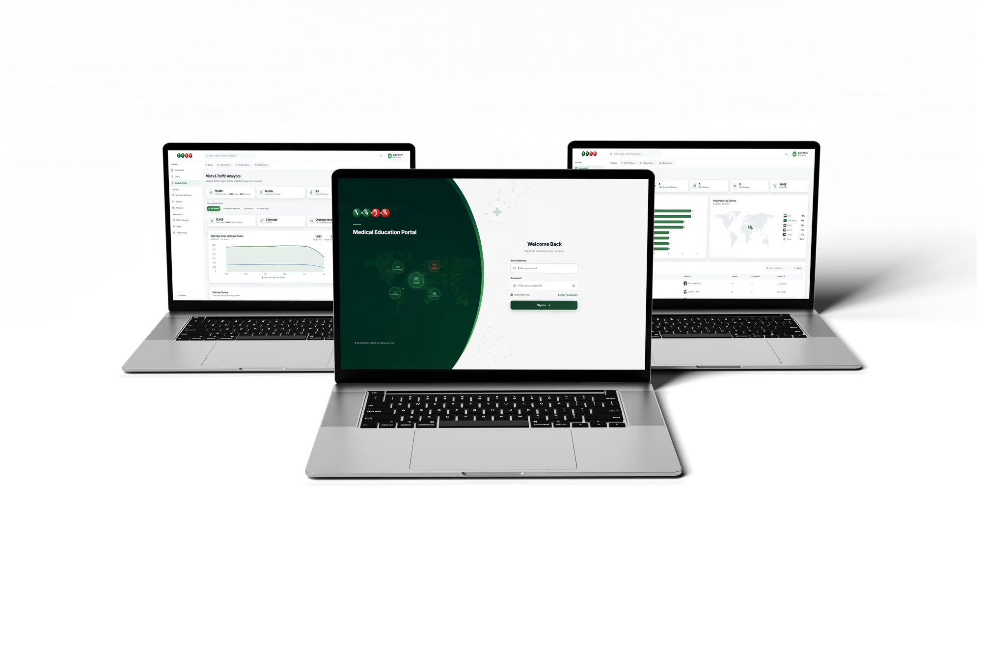 The SAJA platform on three laptops: the sign-in screen and the dashboards behind it