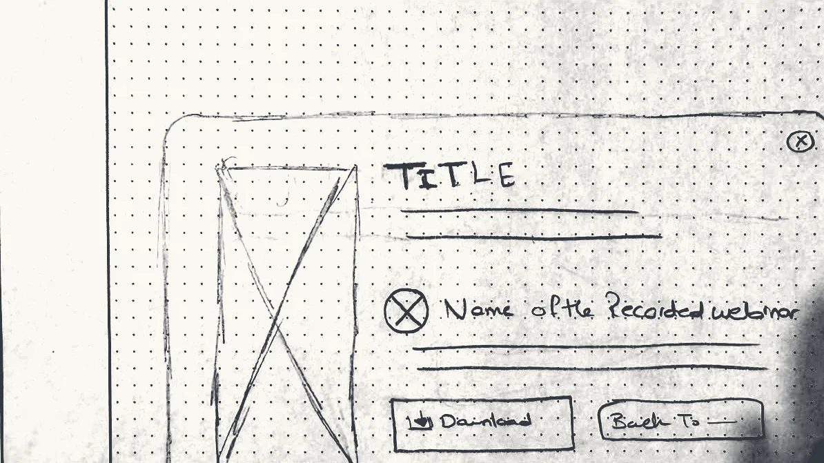 Pencil sketch of the recorded-webinar window: title, description, download and back