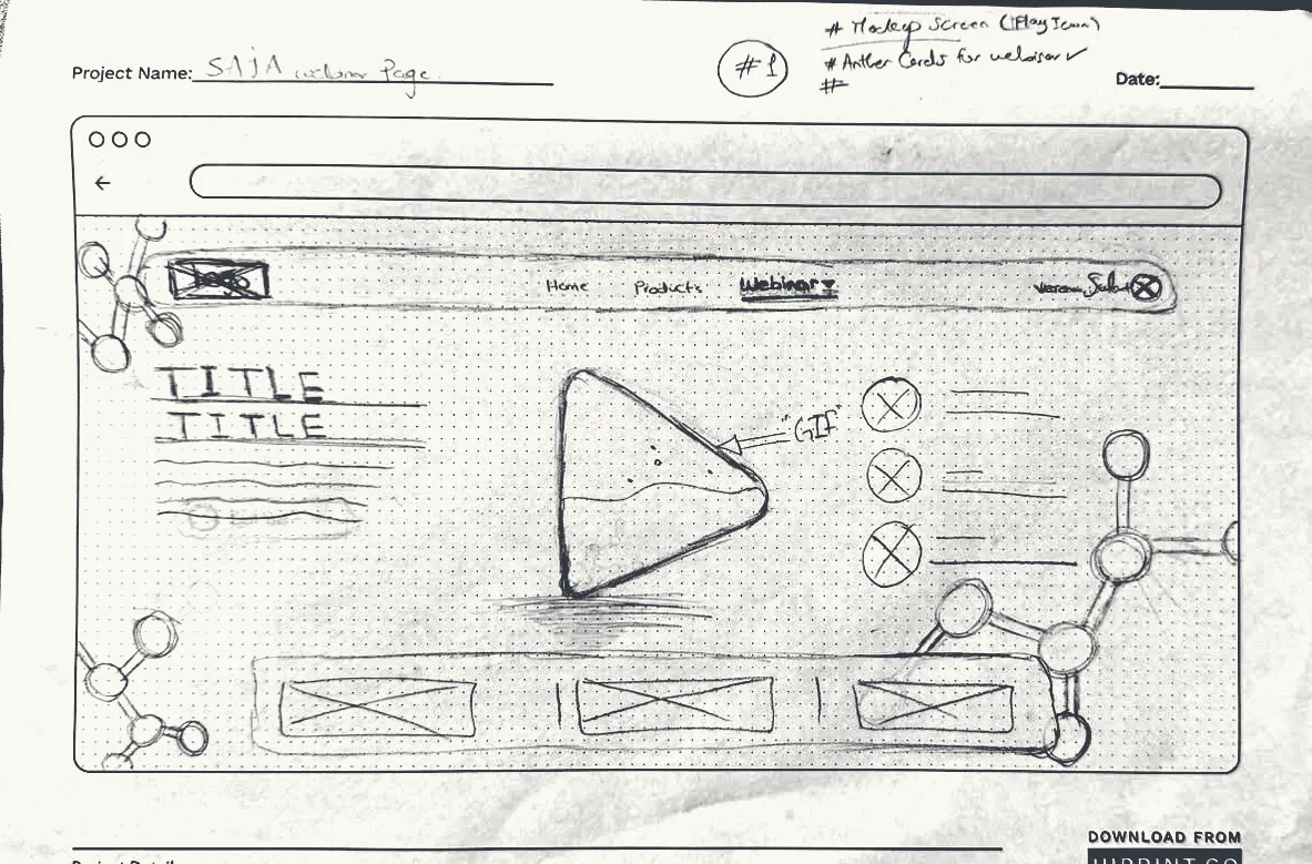 The pencil sketch of the webinars page: a big play mark with three points beside it