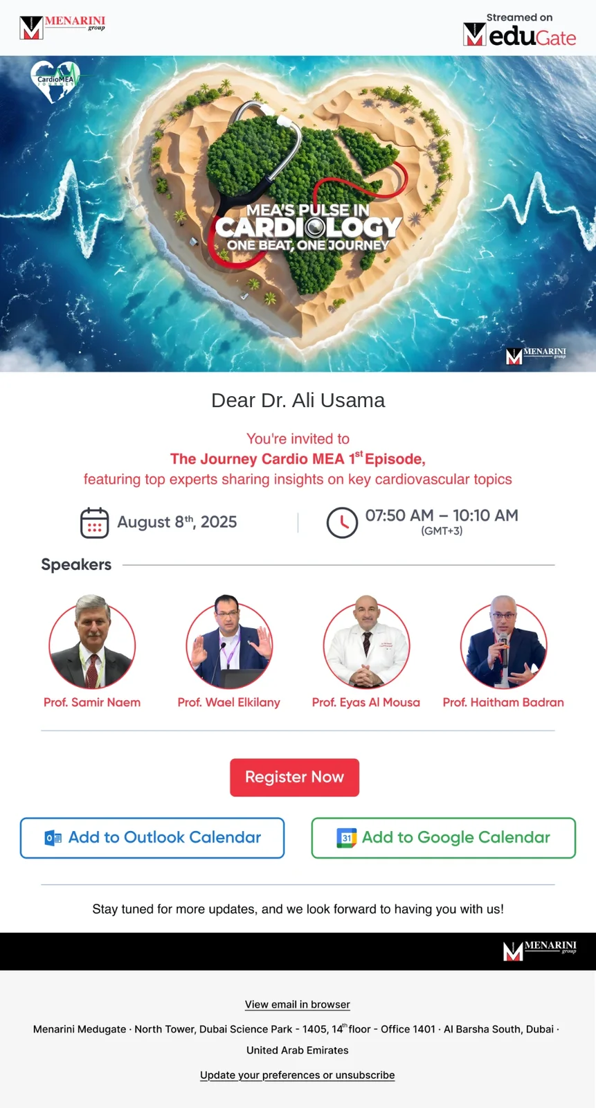 The Journey Cardio MEA invitation email: the first episode, its date, four speakers, a register button and calendar buttons