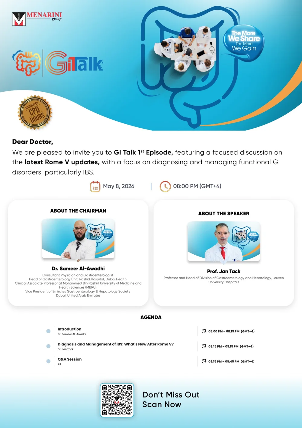 The GI Talks invitation email: the first episode on Rome V, its chairman and speaker, a timed agenda and a QR code