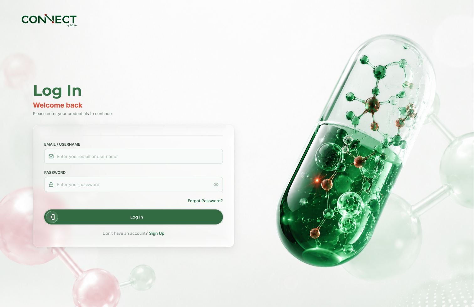 The shared Connect by SAJA log-in page: email or username and password, with Forgot password and Sign up links