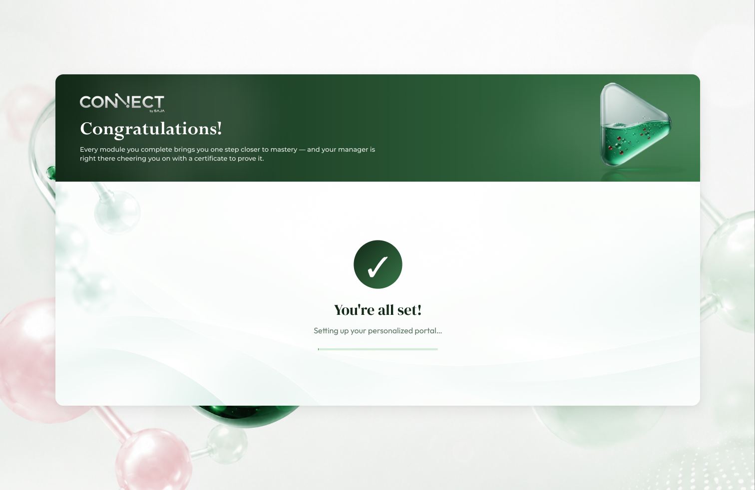 Onboarding complete: 'Congratulations! You're all set', with a progress bar while the personalised portal is set up