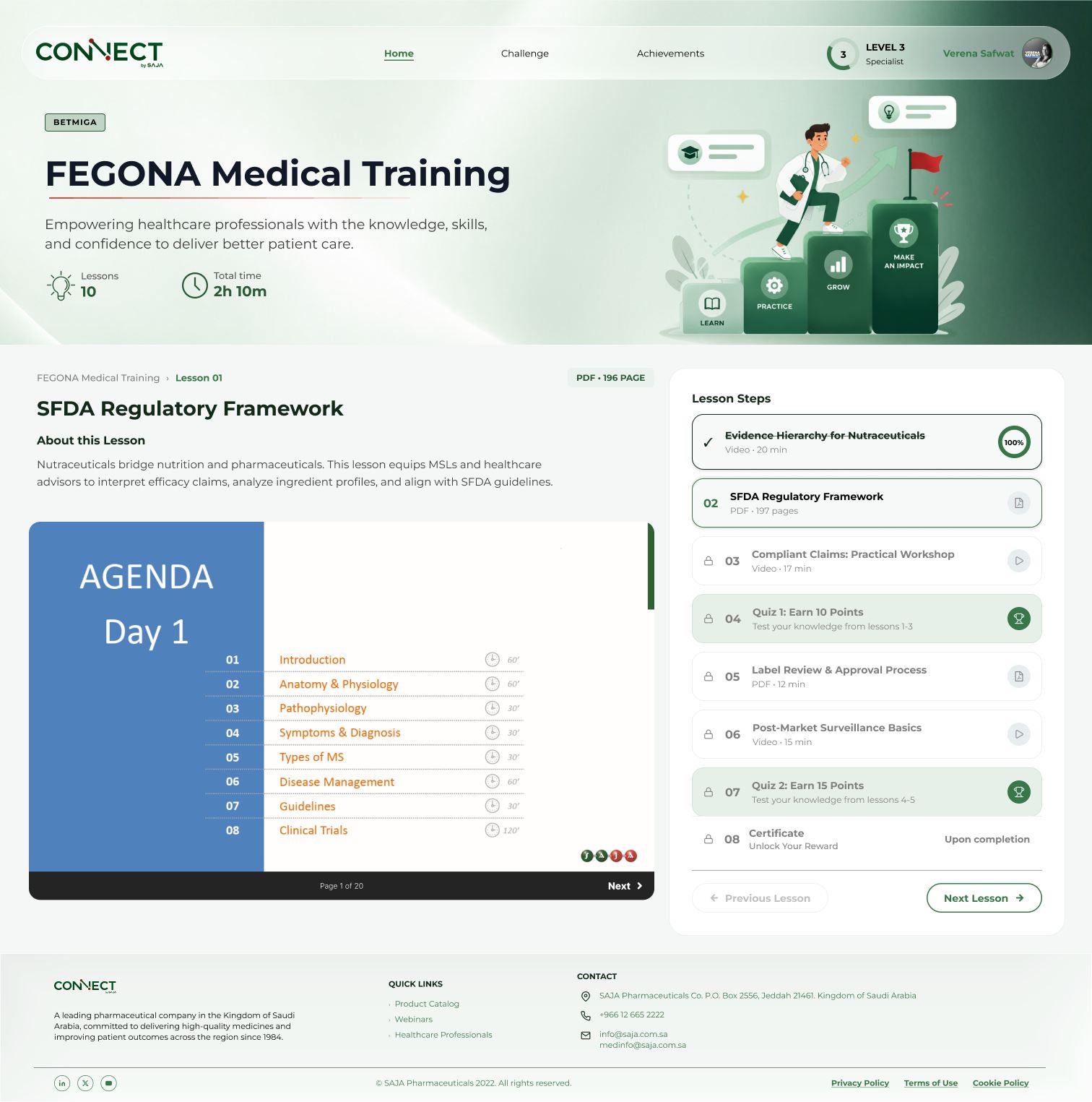 A PDF lesson open in the course player, 'SFDA Regulatory Framework', with the lesson steps beside it