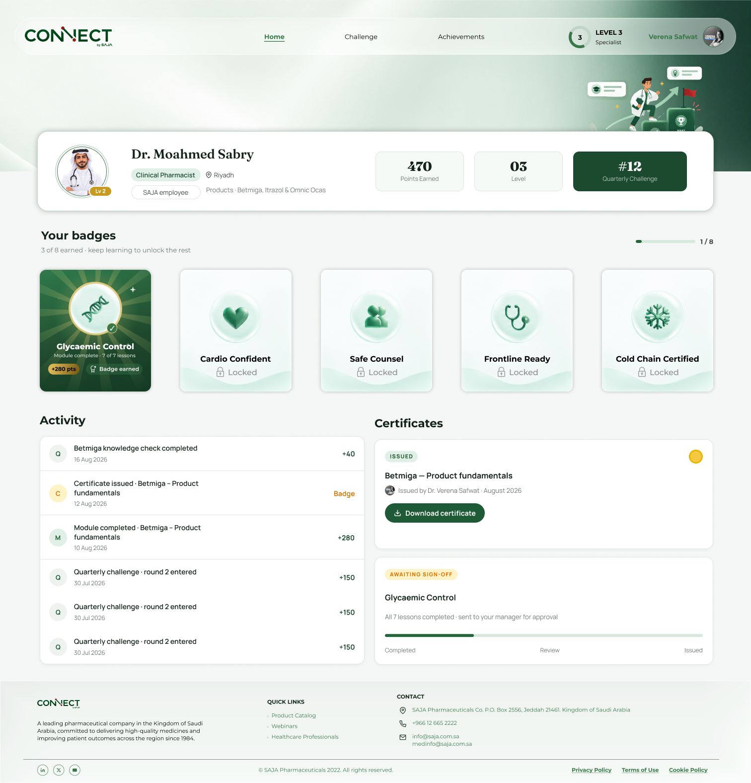 The learner's profile: points and level, earned badges, activity and certificates