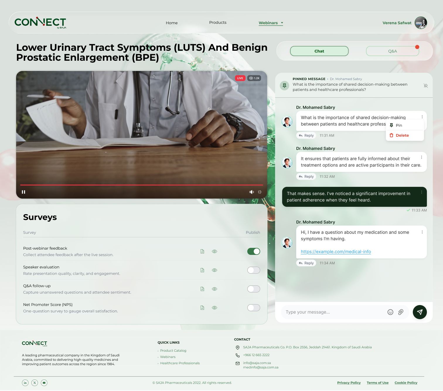 The live session as an admin sees it, with chat moderation and survey controls
