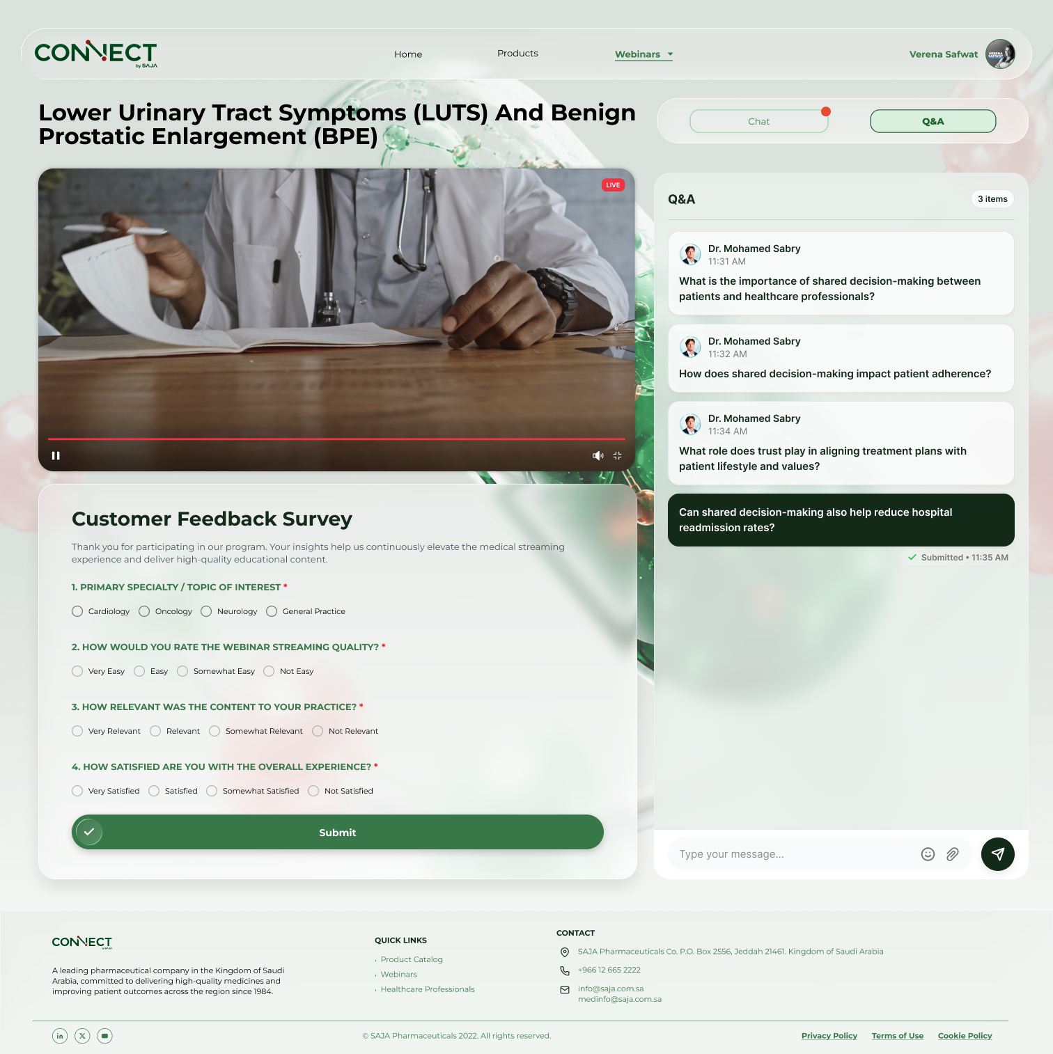 Live streaming page with a feedback survey pushed under the video during the session