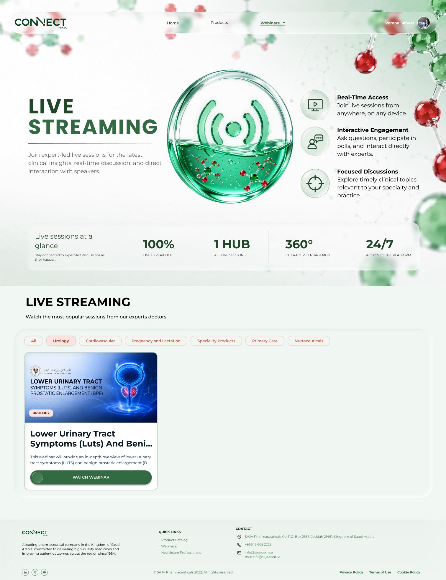 Live streaming page: what live sessions offer, a live sessions at a glance strip, specialty filters and a live webinar card on lower urinary tract symptoms