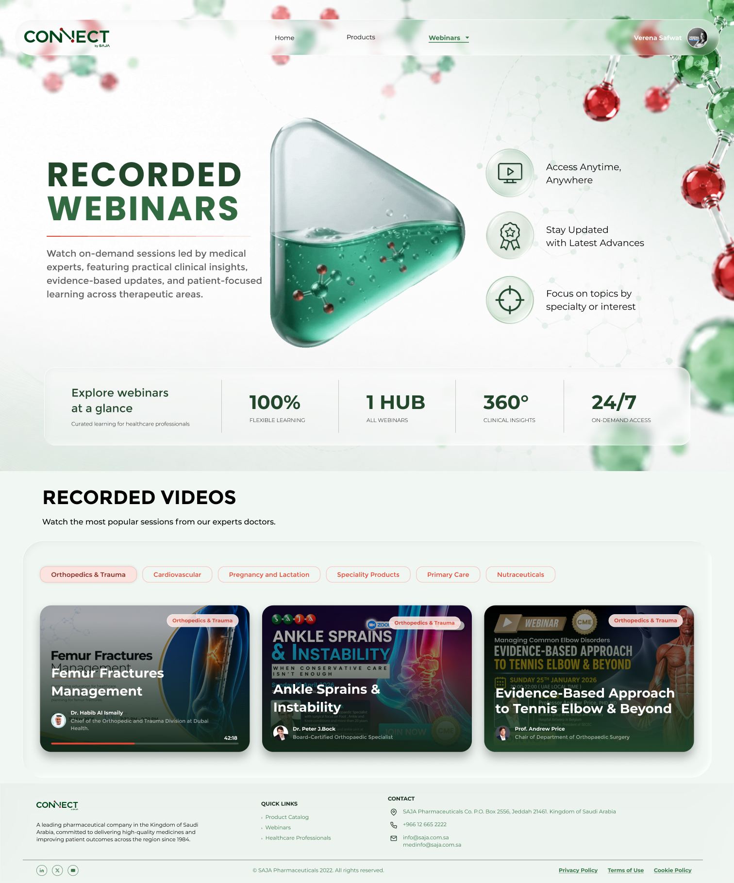 Recorded webinars page: on-demand sessions at a glance, specialty filters and recorded video cards