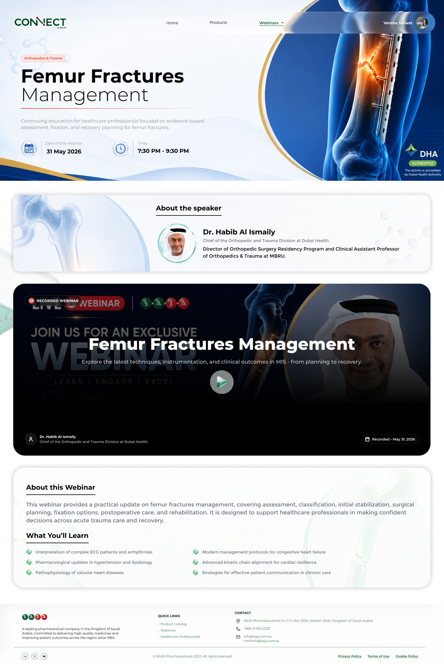 Webinar details page for Femur Fractures Management: title, date and time, an accreditation badge, the speaker, the recorded webinar's video player, and what the session covers