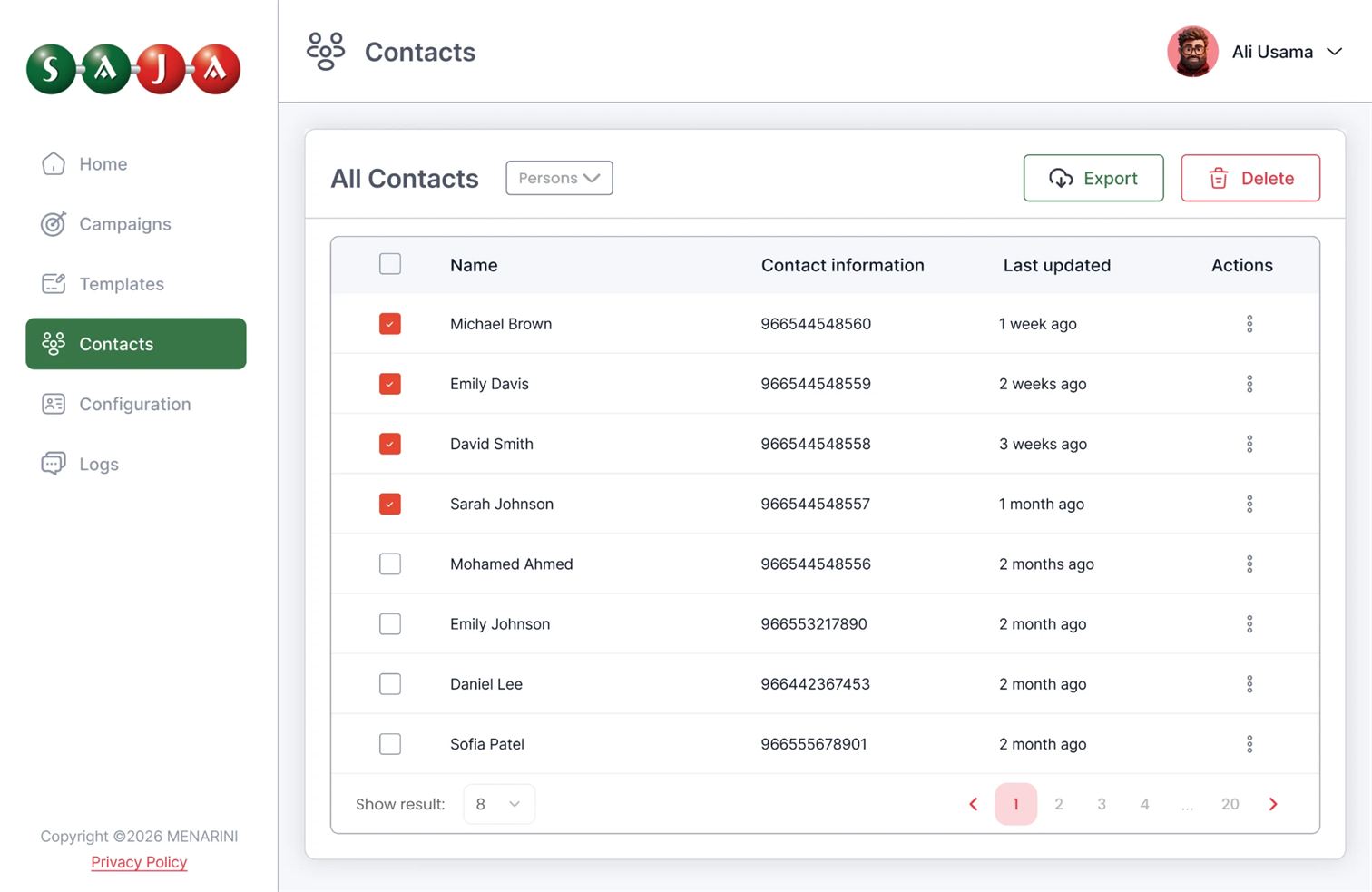 The contacts list, with selection, export and delete, and pagination