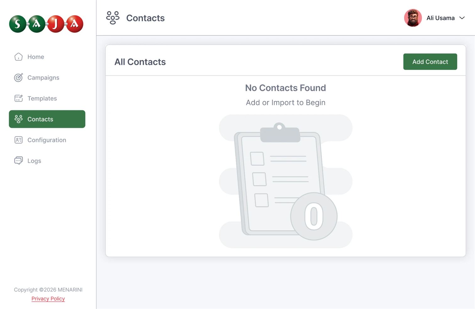 The contacts page before any are added: no contacts found, add or import to begin